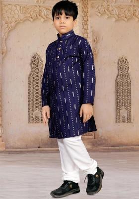 Blue Sequins Work Cotton Kurta With Pyjama For Boys