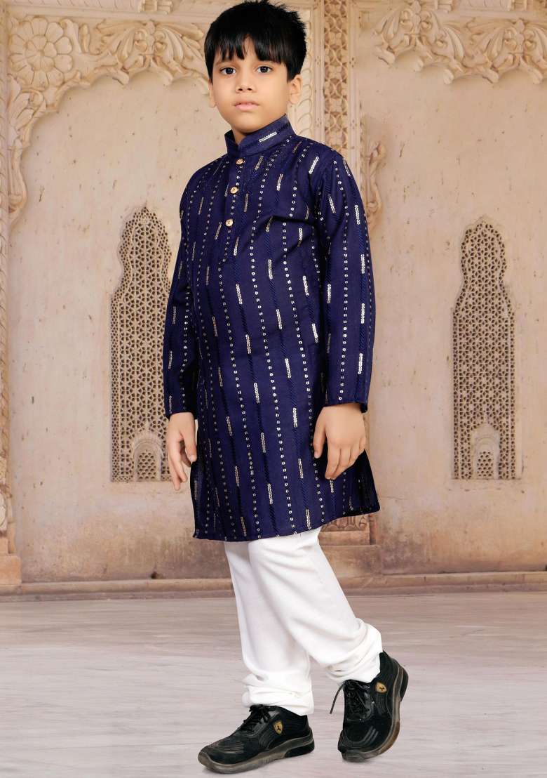 Blue Sequins Work Cotton Kurta With Pyjama For Boys - Indya