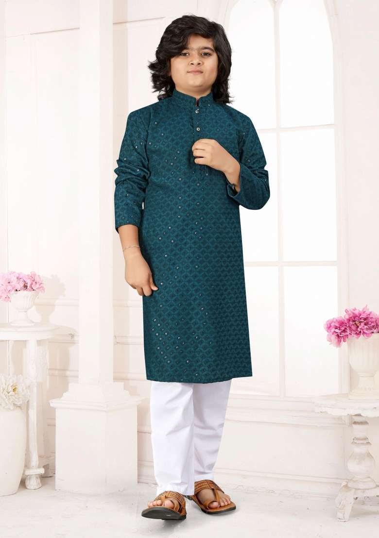 Blue Embroidered Cotton Kurta With Pyjama For Boys - Indya