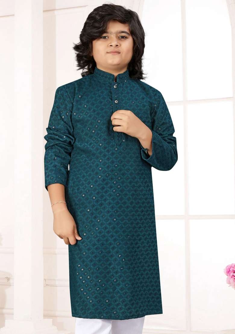 Blue Embroidered Cotton Kurta With Pyjama For Boys - Indya