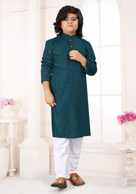 Blue Embroidered Cotton Kurta With Pyjama For Boys