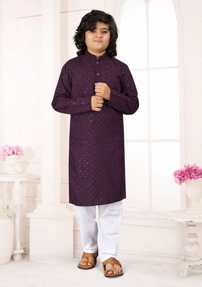 Wine Embroidered Cotton Kurta With Pyjama For Boys - Indya