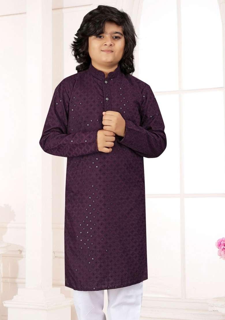Wine Embroidered Cotton Kurta With Pyjama For Boys - Indya