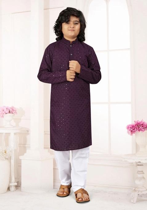 Wine Embroidered Cotton Kurta With Pyjama For Boys
