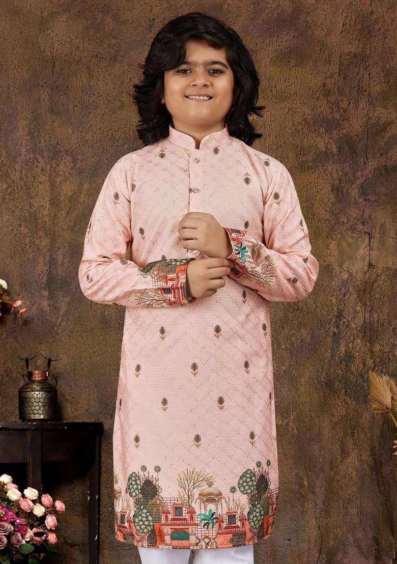 Pink Embroidered Rayon Kurta With Pyjama For Boys - Indya