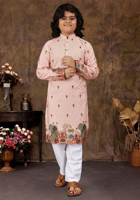 Pink Embroidered Rayon Kurta With Pyjama For Boys