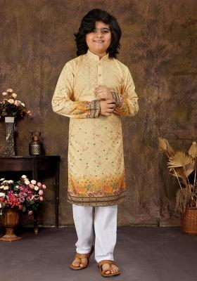 Yellow Embroidered Rayon Kurta With Pyjama For Boys