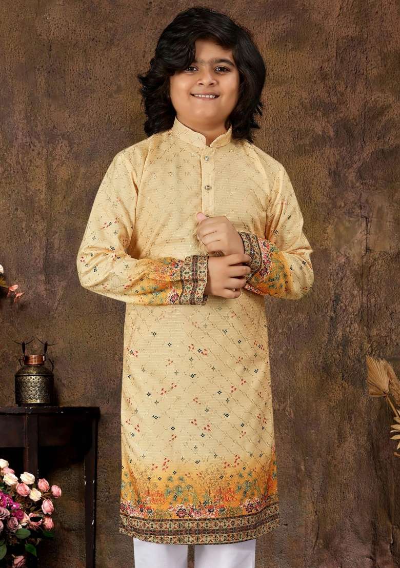 Yellow Embroidered Rayon Kurta With Pyjama For Boys - Indya