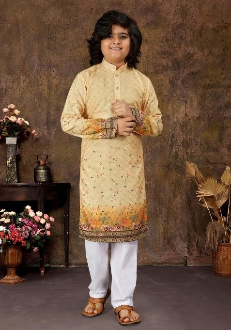 Yellow Embroidered Rayon Kurta With Pyjama For Boys — view on Indya