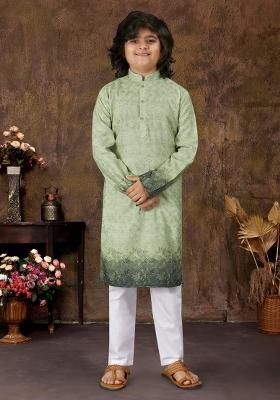 Green Embroidered Rayon Kurta With Pyjama For Boys