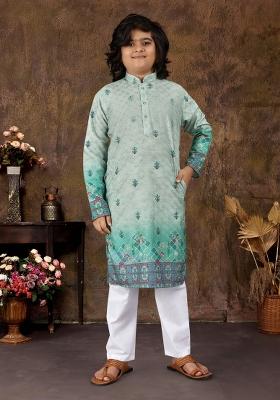 Grey Embroidered Rayon Kurta With Pyjama For Boys