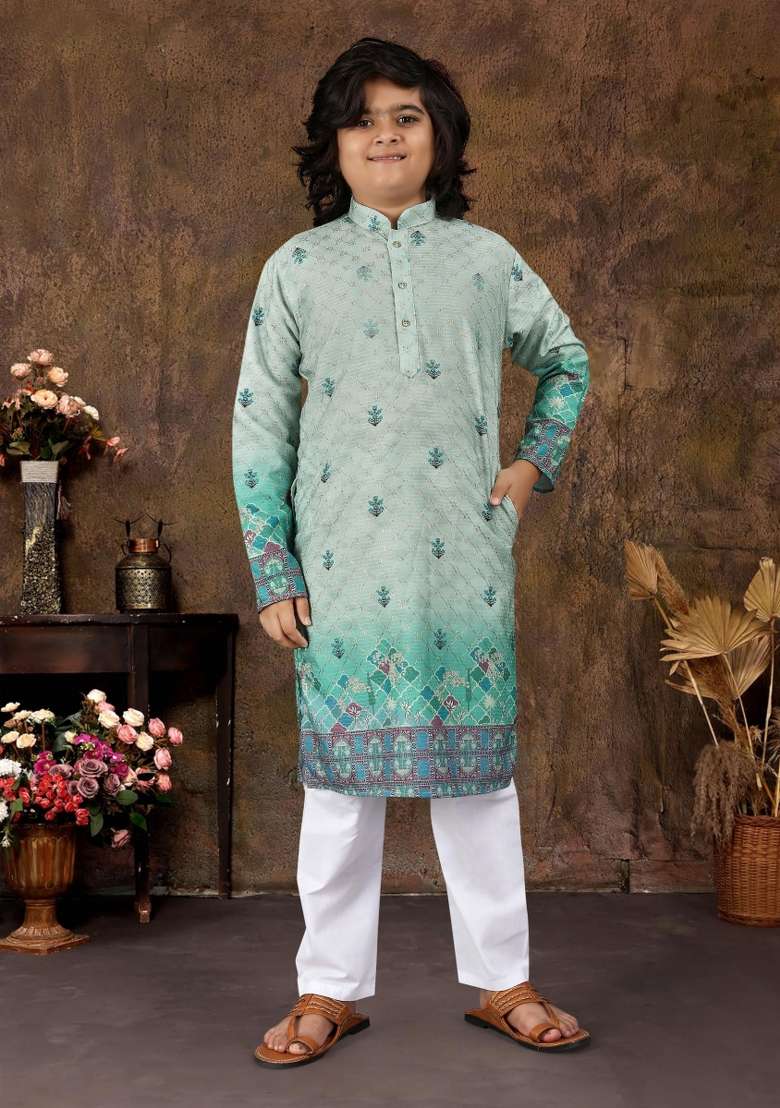 Grey Embroidered Rayon Kurta With Pyjama For Boys - Indya