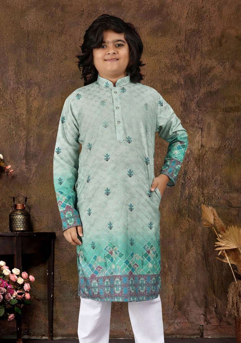 Grey Embroidered Rayon Kurta With Pyjama For Boys - Indya