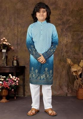 Blue Embroidered Rayon Kurta With Pyjama For Boys