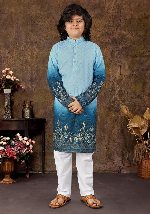 Blue Embroidered Rayon Kurta With Pyjama For Boys