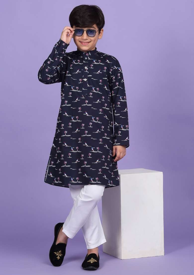 Blue Printed Cotton Blend Kurta For Boys - Indya