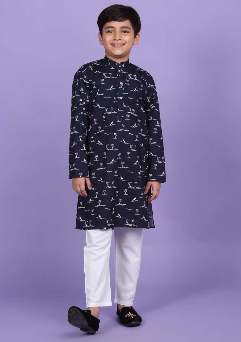 Blue Printed Cotton Blend Kurta For Boys - Indya