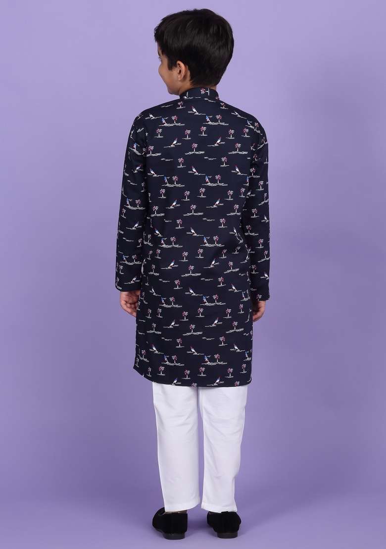 Blue Printed Cotton Blend Kurta For Boys - Indya