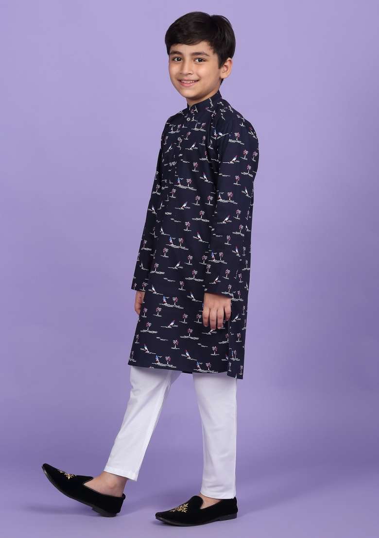 Blue Printed Cotton Blend Kurta For Boys - Indya