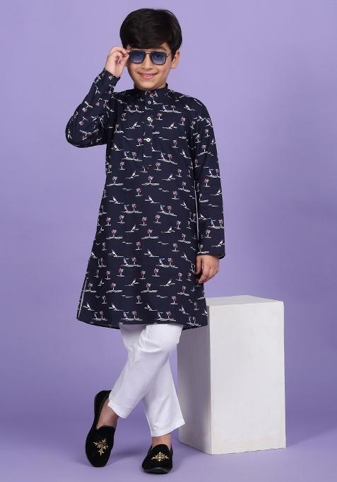 Blue Printed Cotton Blend Kurta For Boys