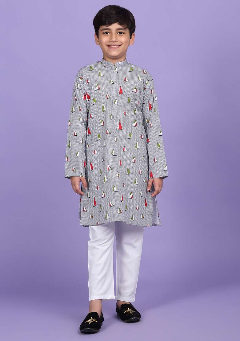 Grey Printed Cotton Blend Kurta For Boys - Indya