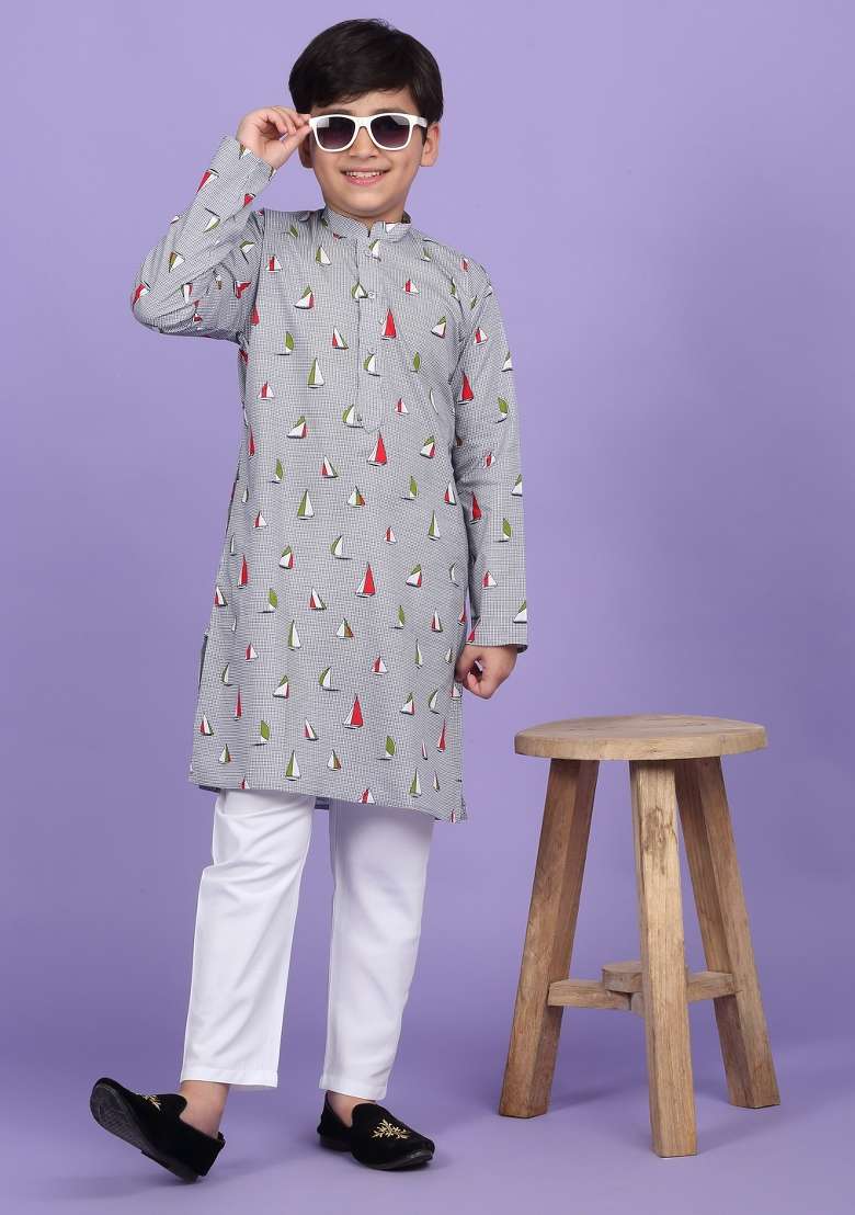 Grey Printed Cotton Blend Kurta For Boys - Indya