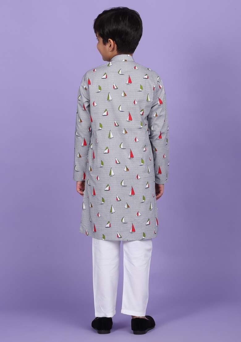 Grey Printed Cotton Blend Kurta For Boys - Indya