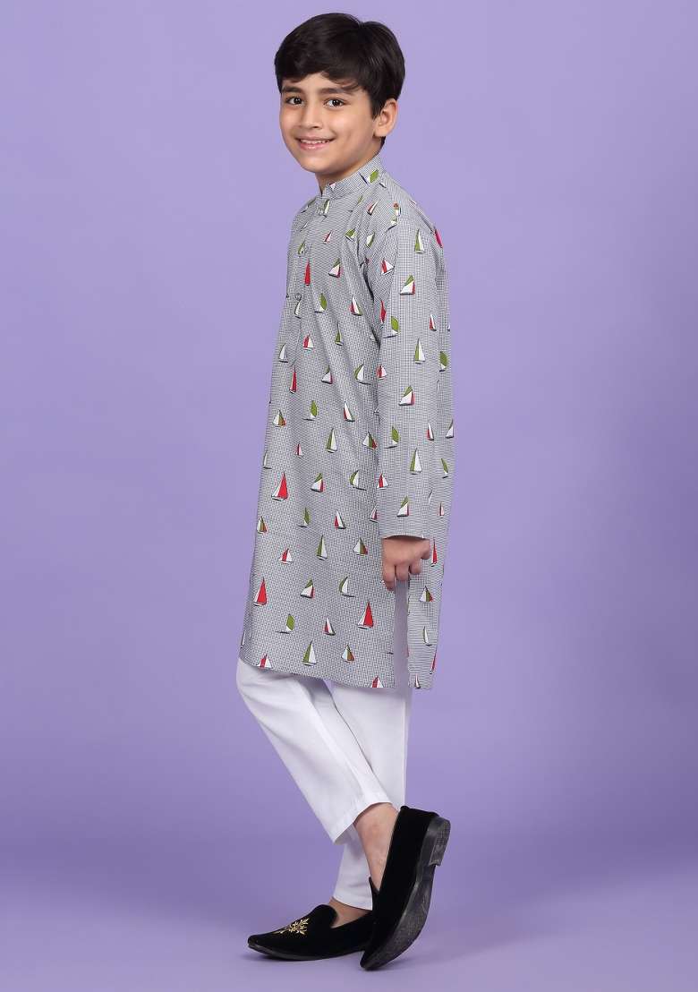 Grey Printed Cotton Blend Kurta For Boys - Indya