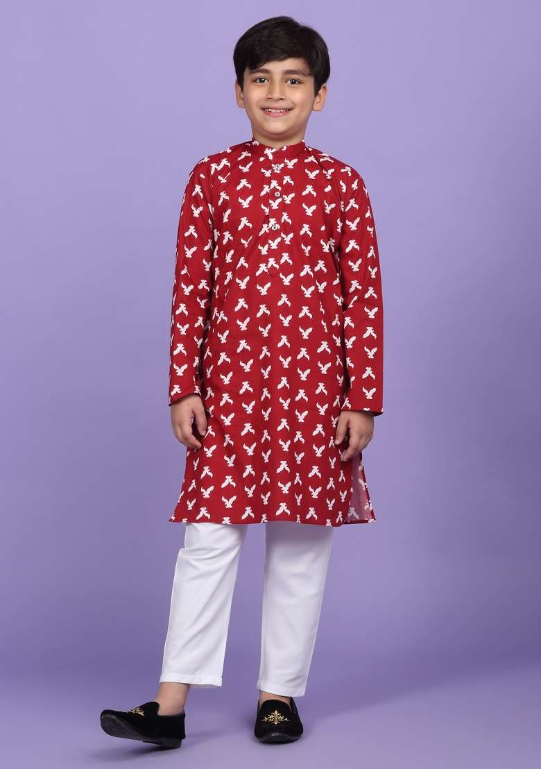 Maroon Printed Cotton Blend Kurta For Boys - Indya