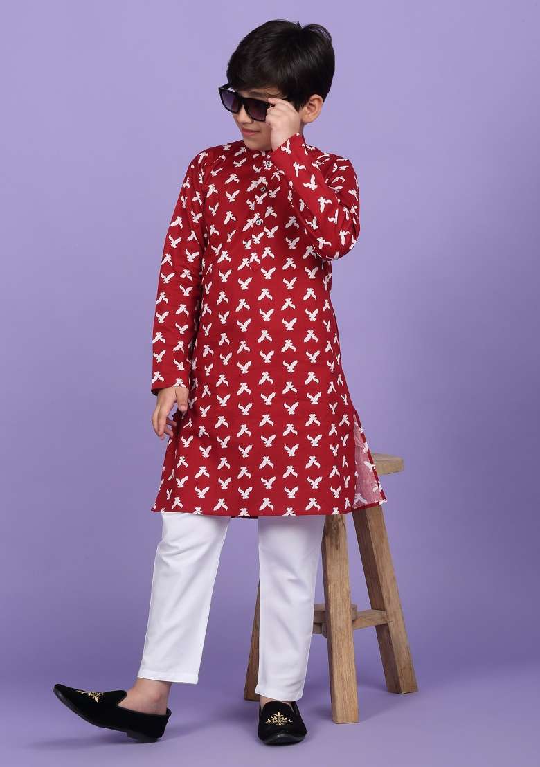 Maroon Printed Cotton Blend Kurta For Boys - Indya