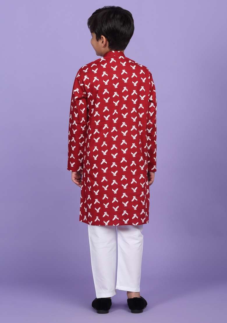 Maroon Printed Cotton Blend Kurta For Boys - Indya