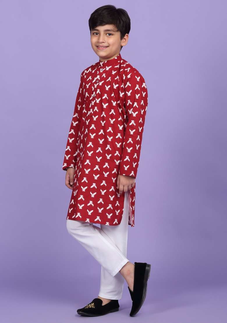 Maroon Printed Cotton Blend Kurta For Boys - Indya