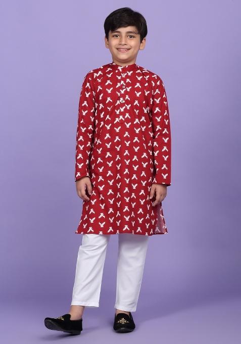 Maroon Printed Cotton Blend Kurta For Boys
