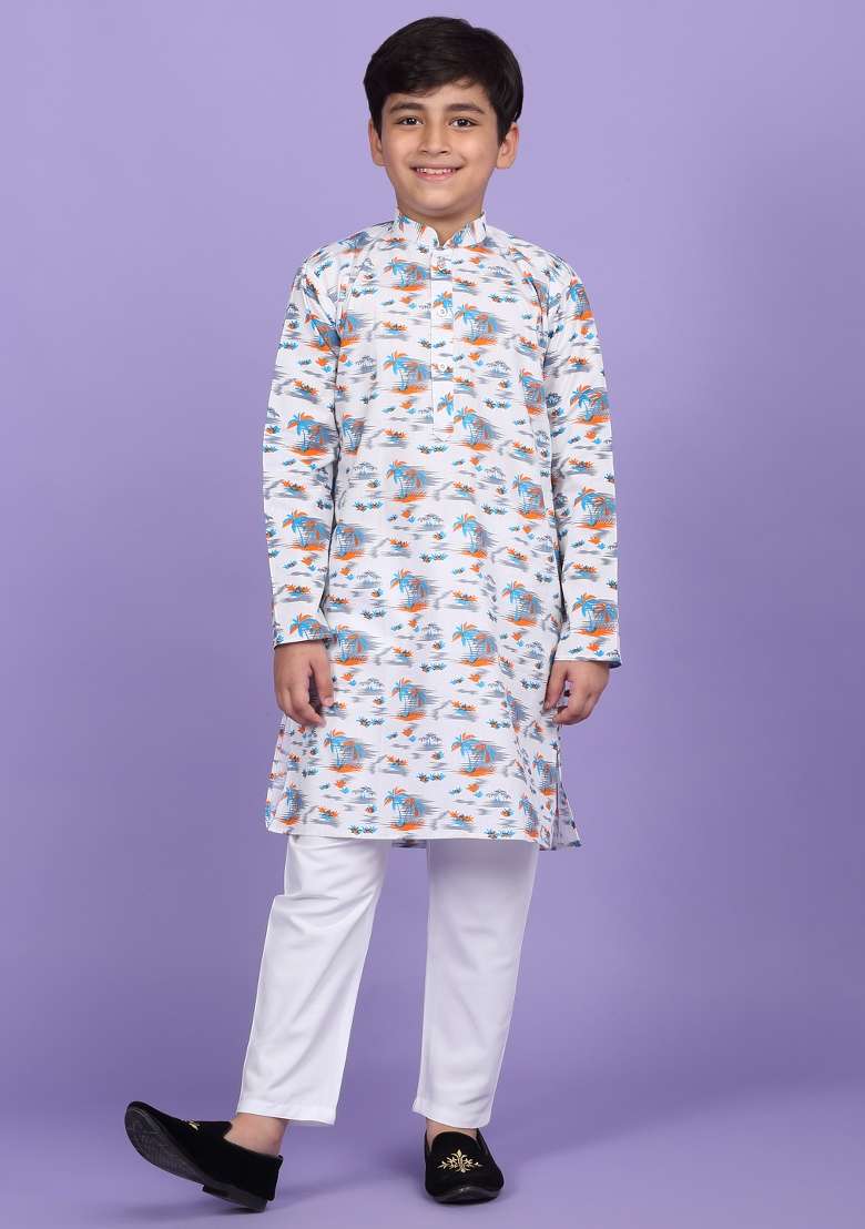 White Printed Cotton Blend Kurta For Boys - Indya
