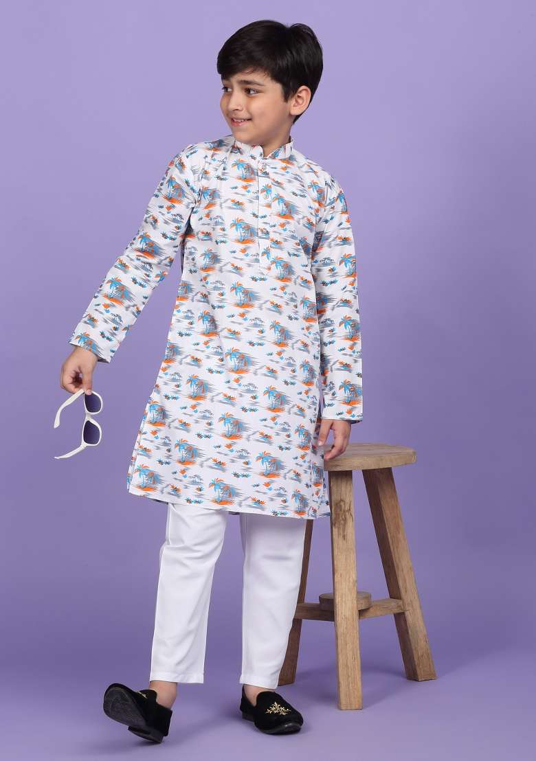 White Printed Cotton Blend Kurta For Boys - Indya