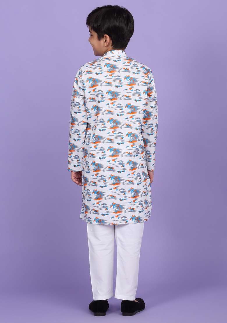 White Printed Cotton Blend Kurta For Boys - Indya