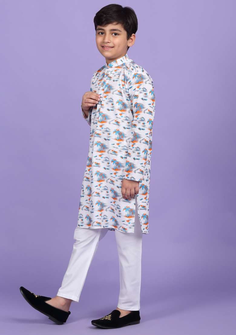 White Printed Cotton Blend Kurta For Boys - Indya