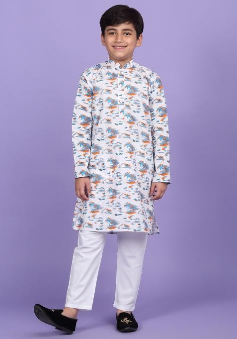 White Printed Cotton Blend Kurta For Boys