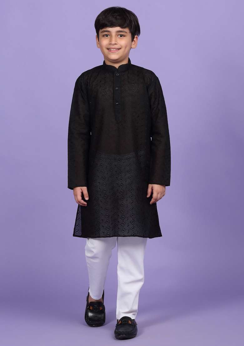 Black Embroidered Cotton Blend Kurta For Boys - Indya