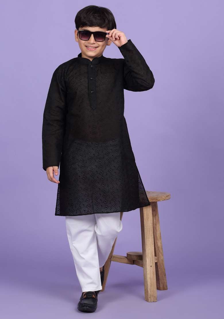 Black Embroidered Cotton Blend Kurta For Boys - Indya