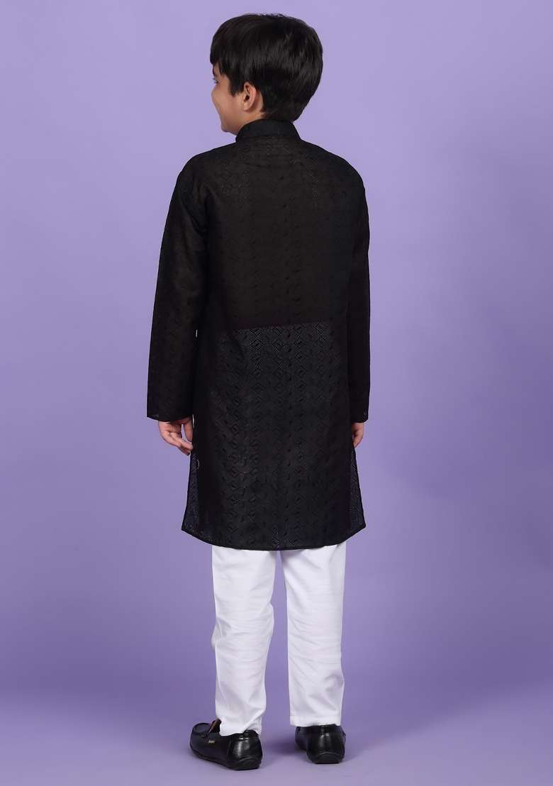Black Embroidered Cotton Blend Kurta For Boys - Indya