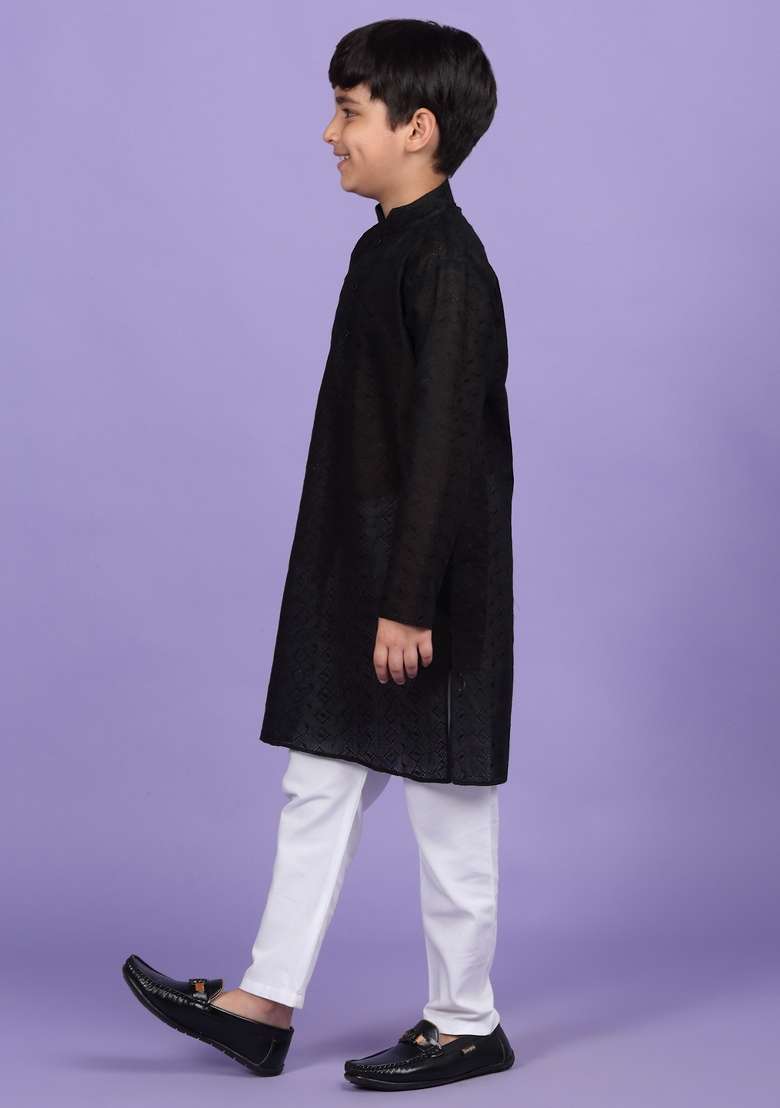 Black Embroidered Cotton Blend Kurta For Boys - Indya