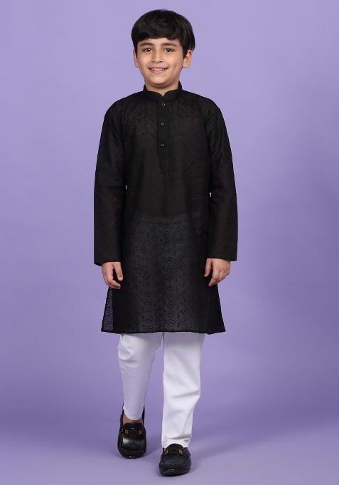 Black Embroidered Cotton Blend Kurta For Boys