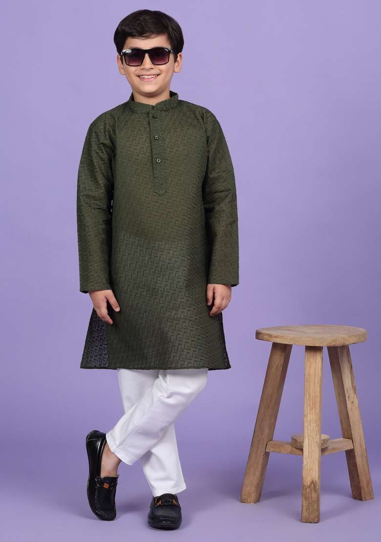 Green Embroidered Cotton Blend Kurta For Boys - Indya