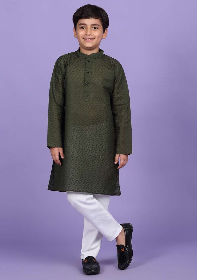 Green Embroidered Cotton Blend Kurta For Boys - Indya