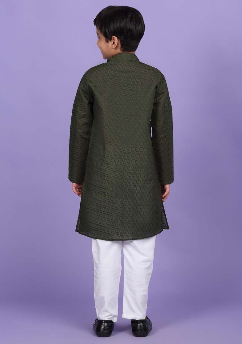 Green Embroidered Cotton Blend Kurta For Boys - Indya