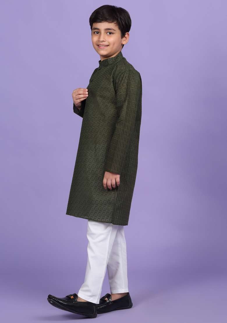 Green Embroidered Cotton Blend Kurta For Boys - Indya