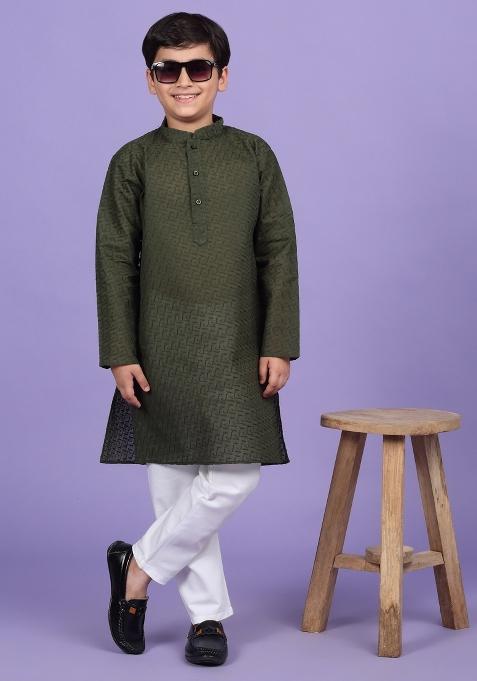 Green Embroidered Cotton Blend Kurta For Boys