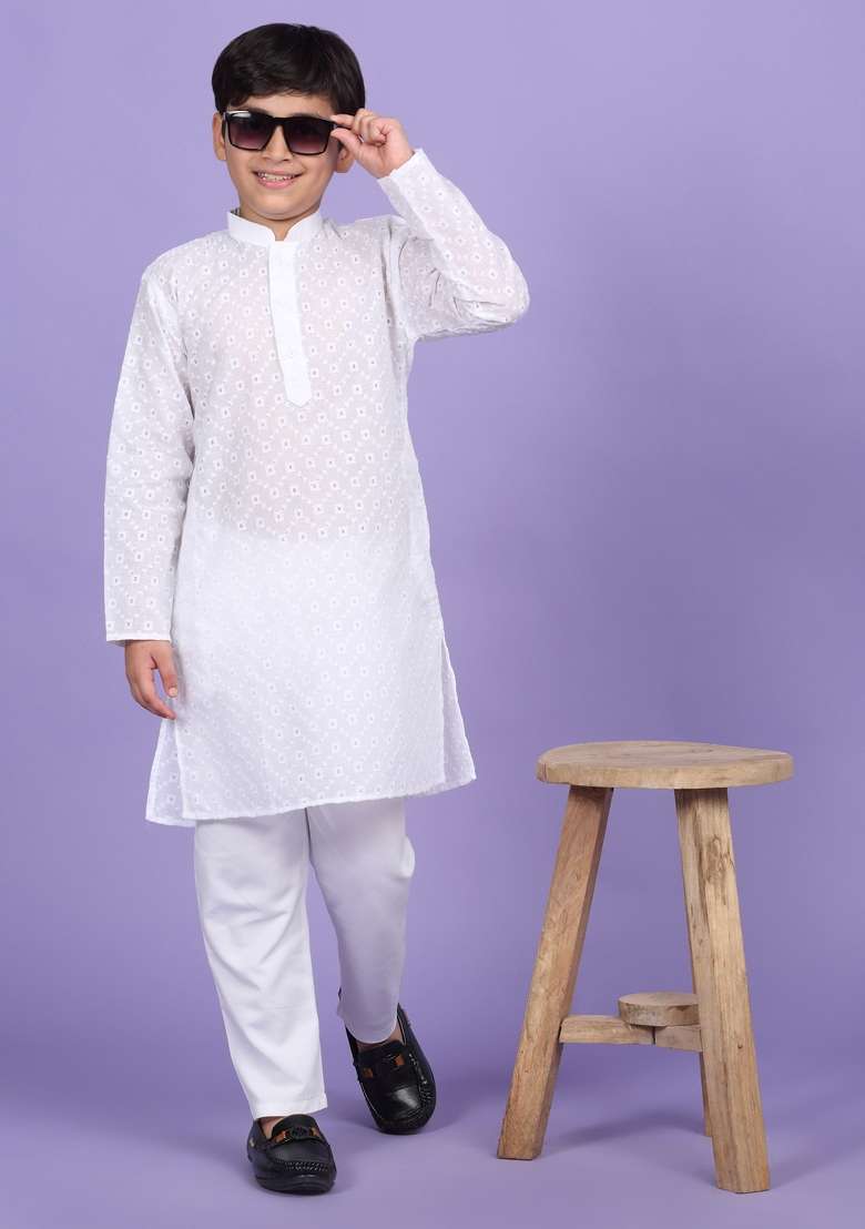 White Embroidered Cotton Blend Kurta For Boys - Indya