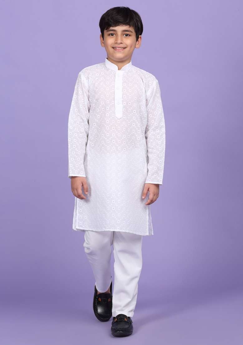 White Embroidered Cotton Blend Kurta For Boys - Indya